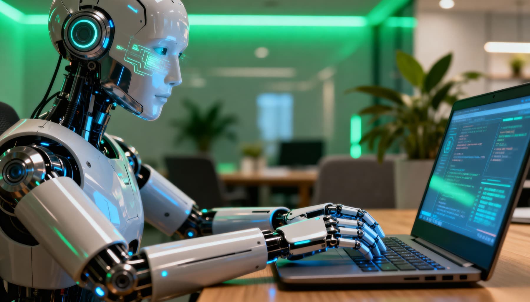 Robô humanoide operando um notebook em um escritório
